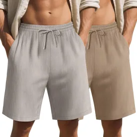 2 Pack Men's Big and Tall Cotton Linen 9" Inseam Shorts Drawstring Summer Casual Beach Bermuda with Pockets