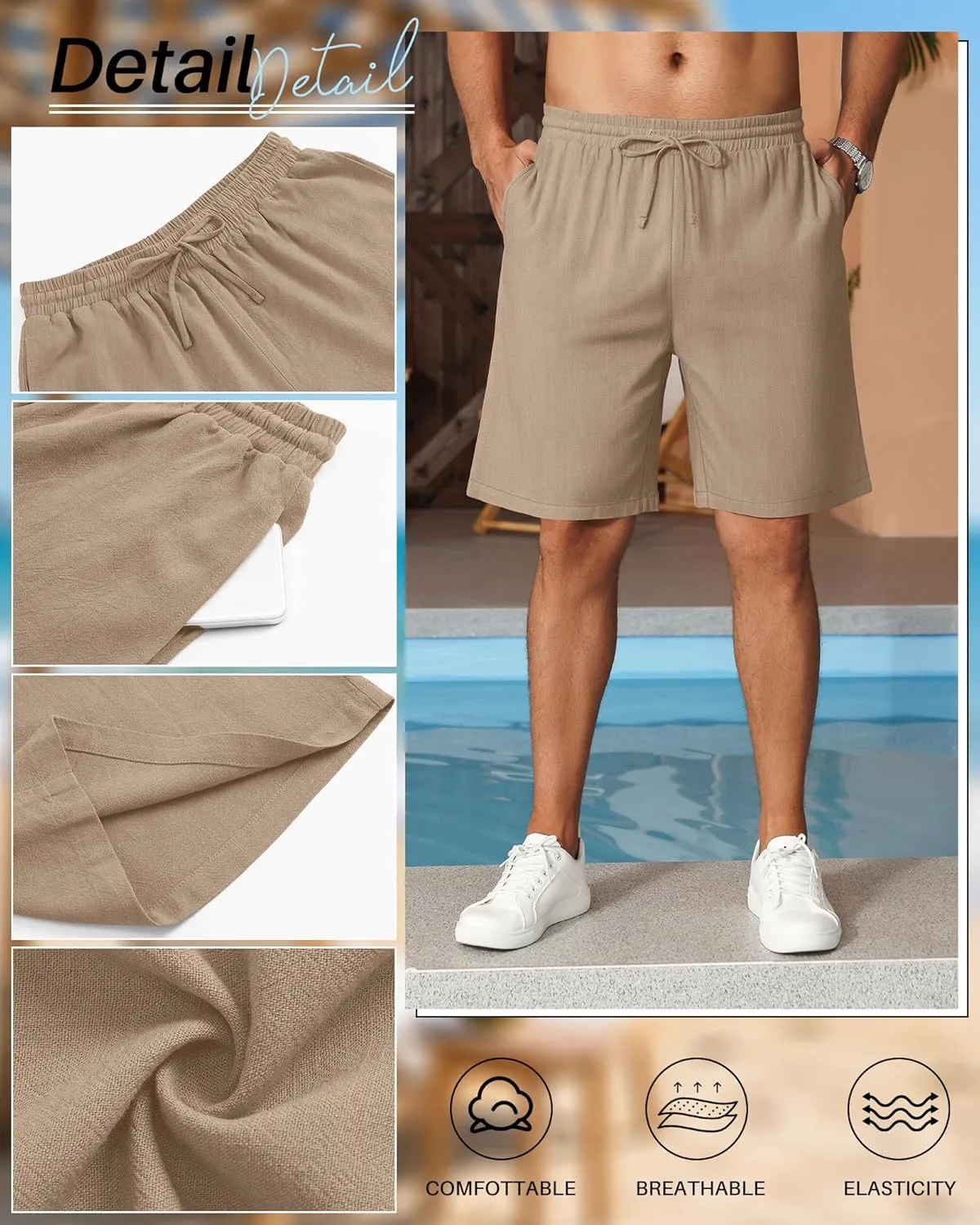 2 Pack Men's Big and Tall Cotton Linen 9" Inseam Shorts Drawstring Summer Casual Beach Bermuda with Pockets