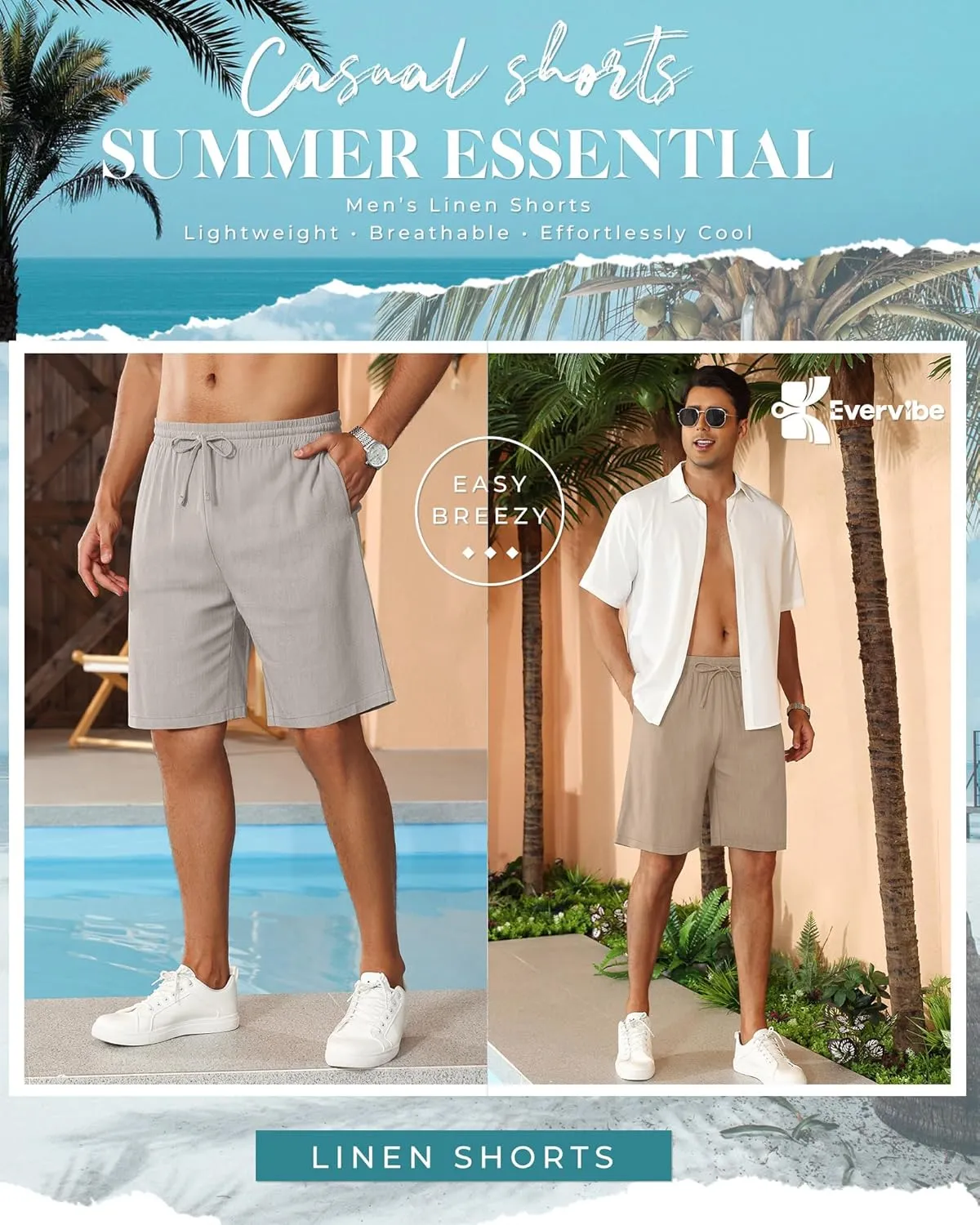 2 Pack Men's Big and Tall Cotton Linen 9" Inseam Shorts Drawstring Summer Casual Beach Bermuda with Pockets