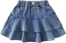 5-13Y Girls' Elastic Denim Skort | Mini Flared Pleated | Built-in Shorts for Easy On/Off