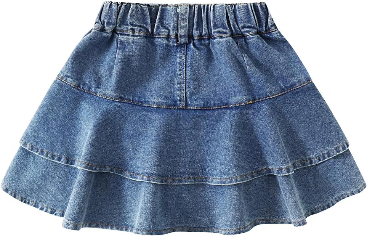 5-13Y Girls' Elastic Denim Skort | Mini Flared Pleated | Built-in Shorts for Easy On/Off