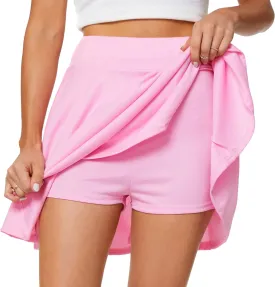 Afibi Women's Casual Basic Versatile Flared Pleated Mini Skater Skirt with Shorts