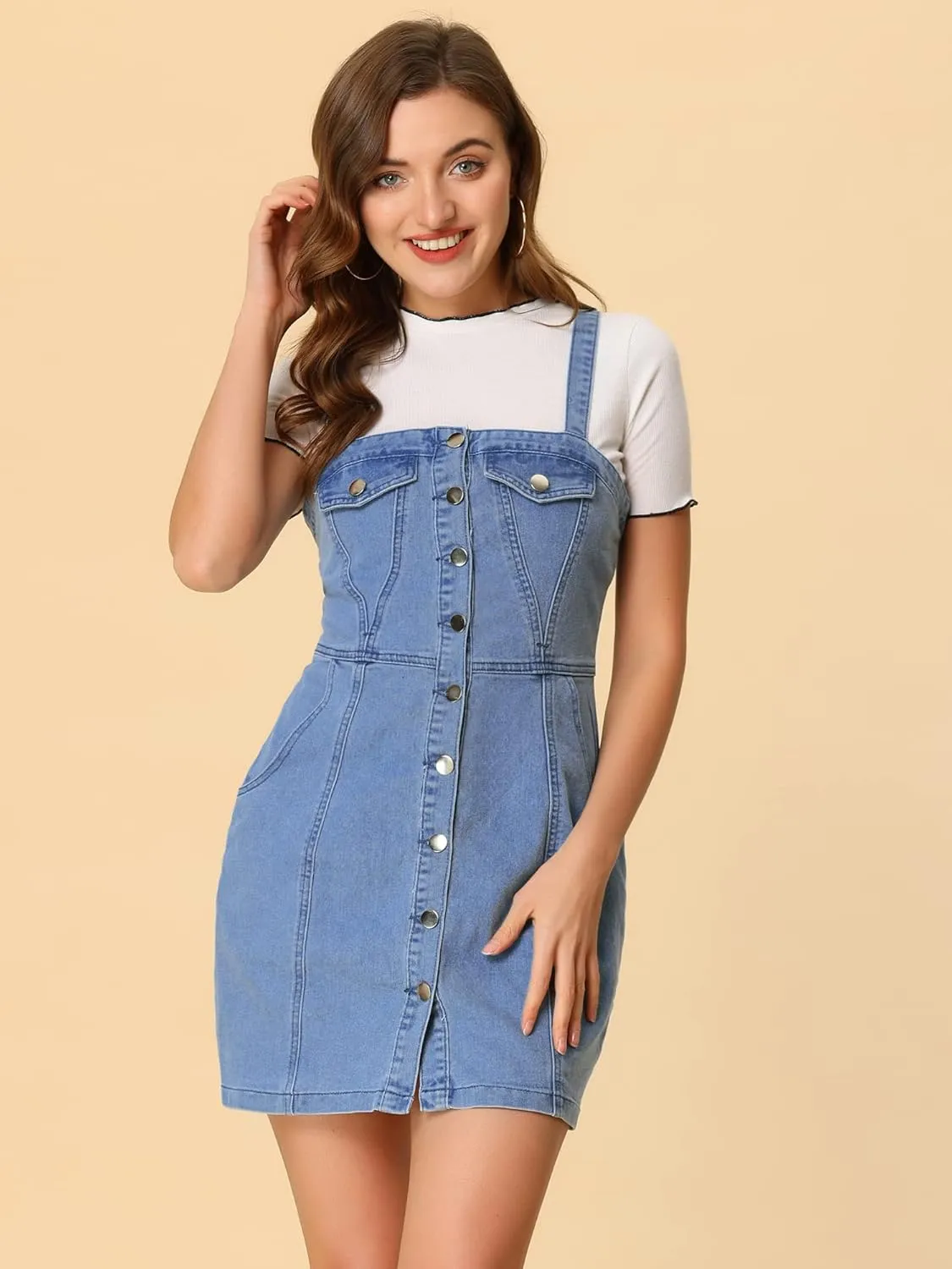 Allegra K Women's Button Front Classic Adjustable Strap Overall Denim Mini Dress