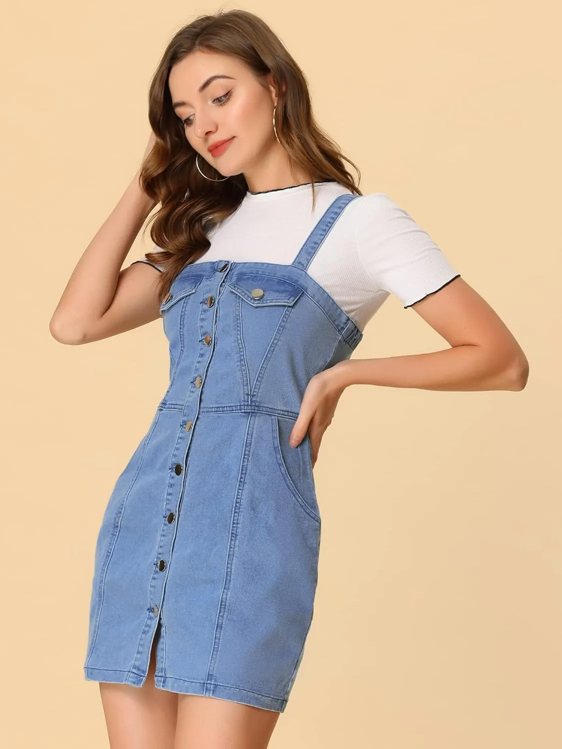 Allegra K Women's Button Front Classic Adjustable Strap Overall Denim Mini Dress