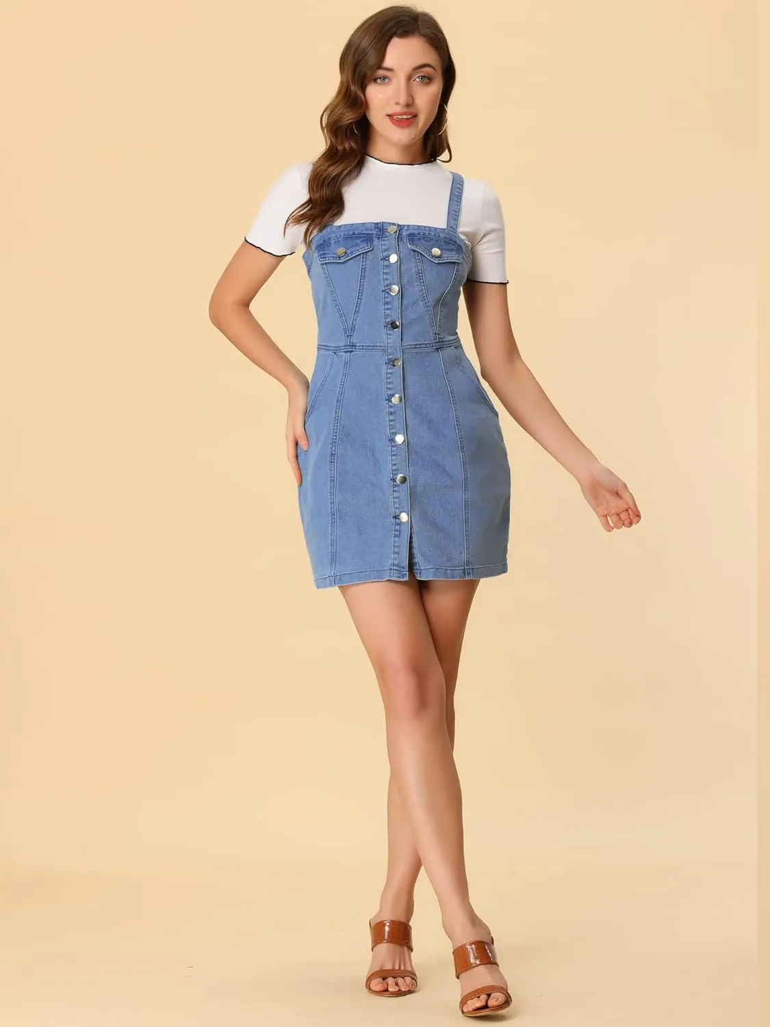 Allegra K Women's Button Front Classic Adjustable Strap Overall Denim Mini Dress
