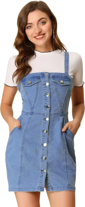 Allegra K Women's Button Front Classic Adjustable Strap Overall Denim Mini Dress