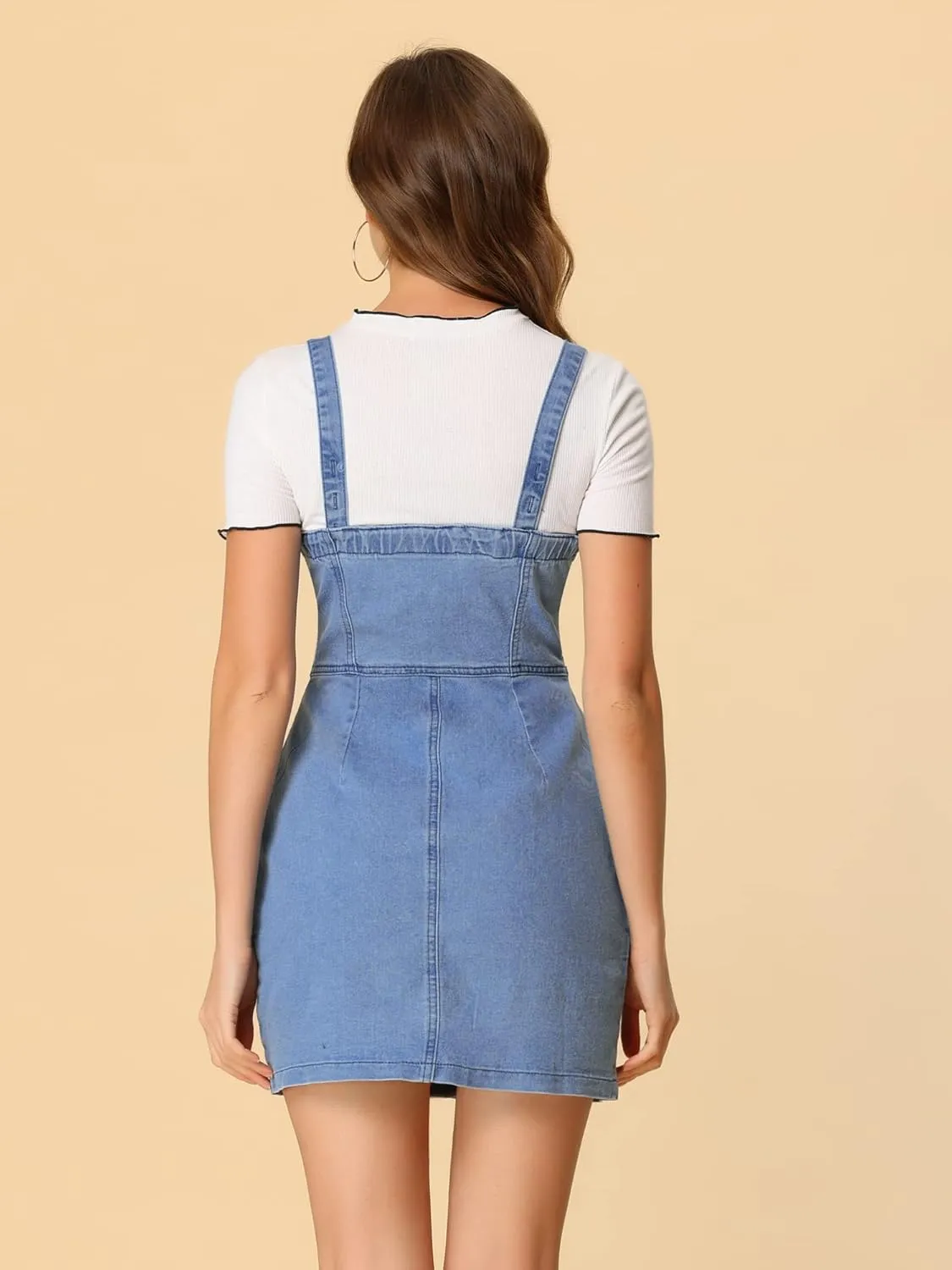 Allegra K Women's Button Front Classic Adjustable Strap Overall Denim Mini Dress