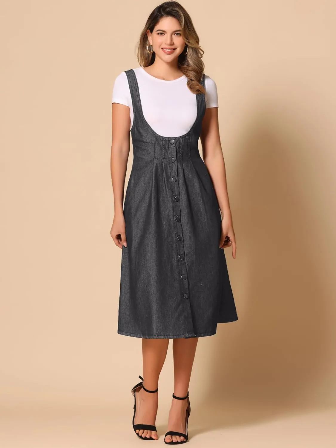 Allegra K Women's Denim Overall Dress Jean Sleeveless 2025 Suspenders Skirt Overall Button Dress with Pocket