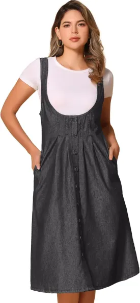 Allegra K Women's Denim Overall Dress Jean Sleeveless 2025 Suspenders Skirt Overall Button Dress with Pocket