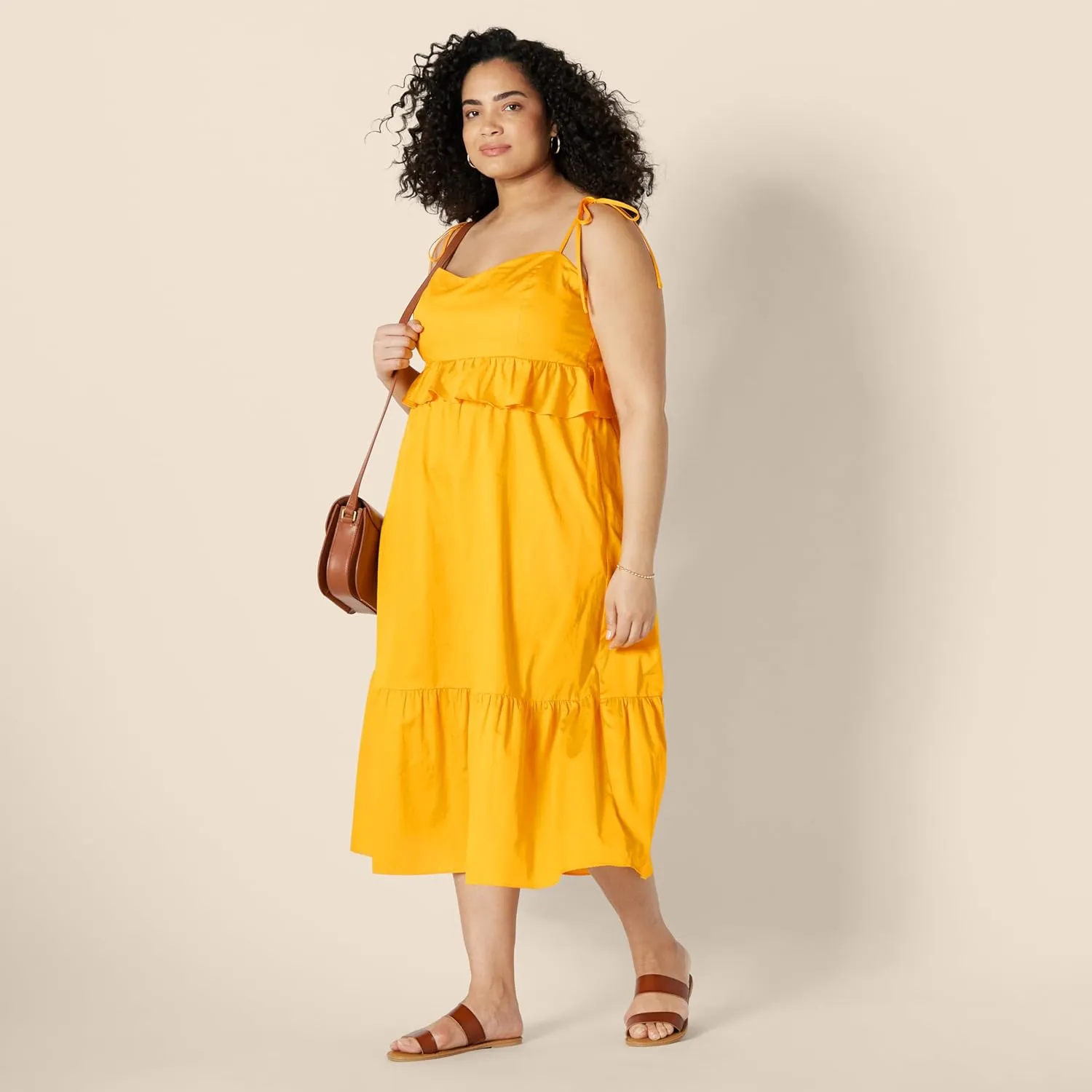 Amazon Essentials Women's Fit and Flare Cotton Sateen Empire Waist Midi Ruffle Dress