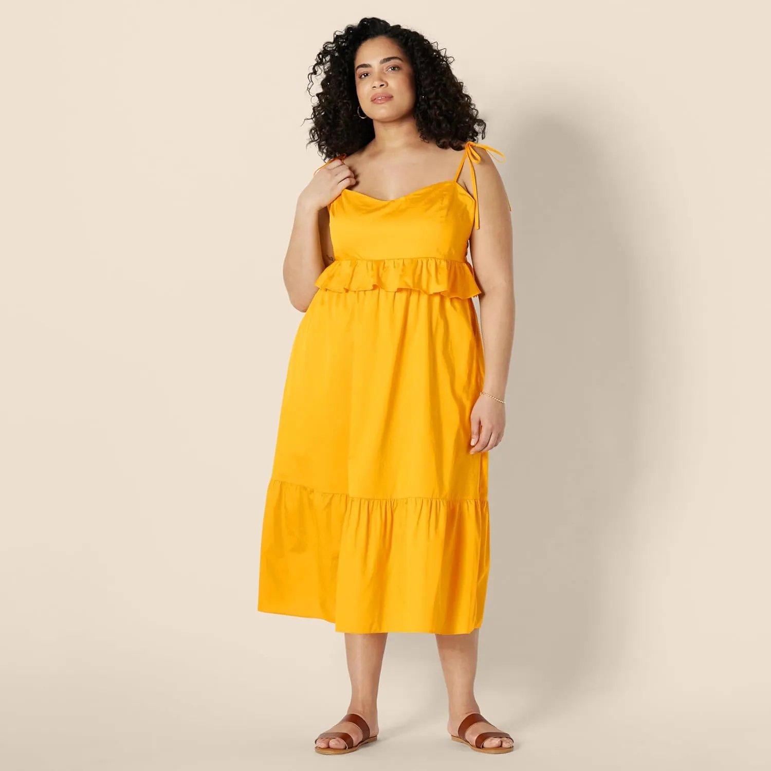 Amazon Essentials Women's Fit and Flare Cotton Sateen Empire Waist Midi Ruffle Dress