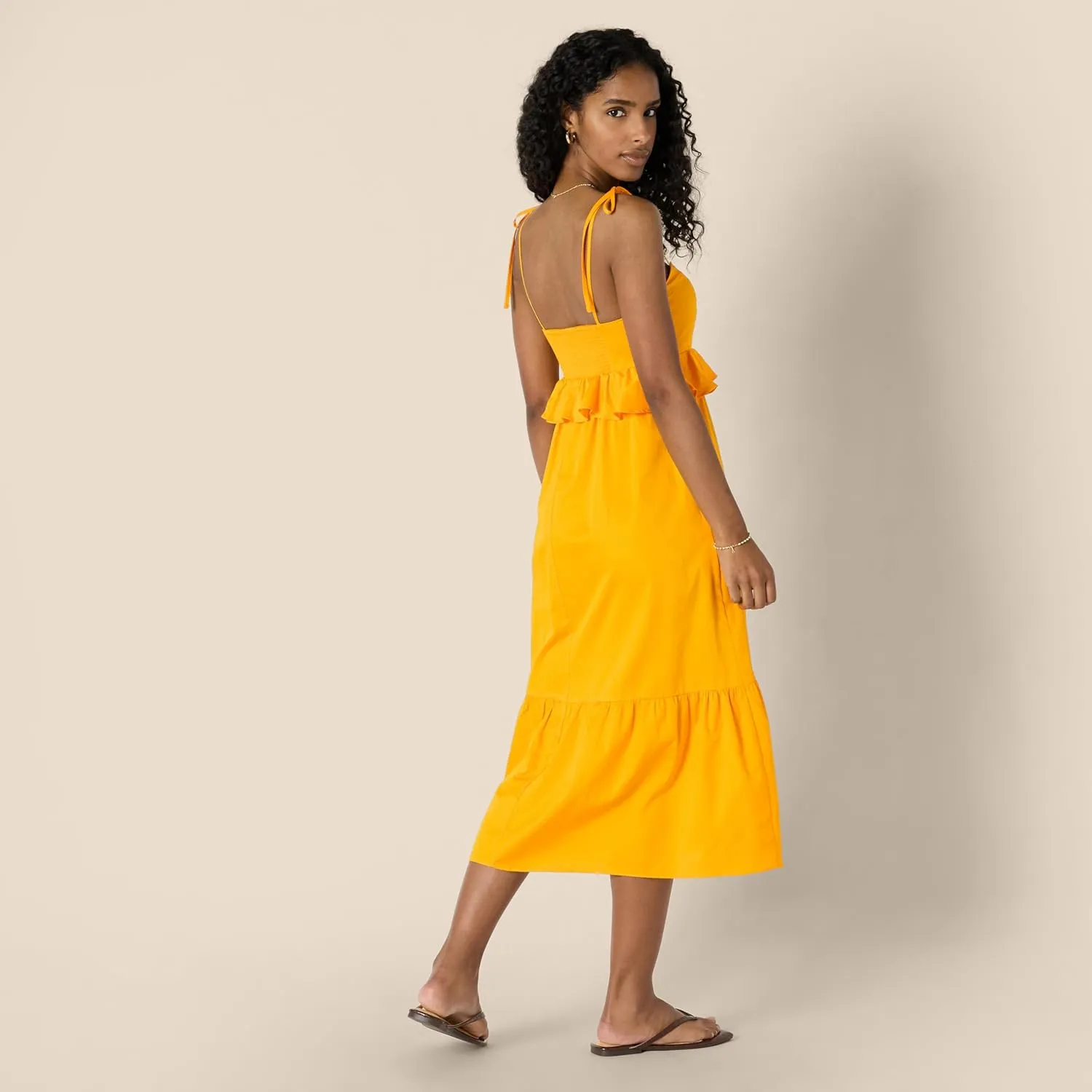 Amazon Essentials Women's Fit and Flare Cotton Sateen Empire Waist Midi Ruffle Dress