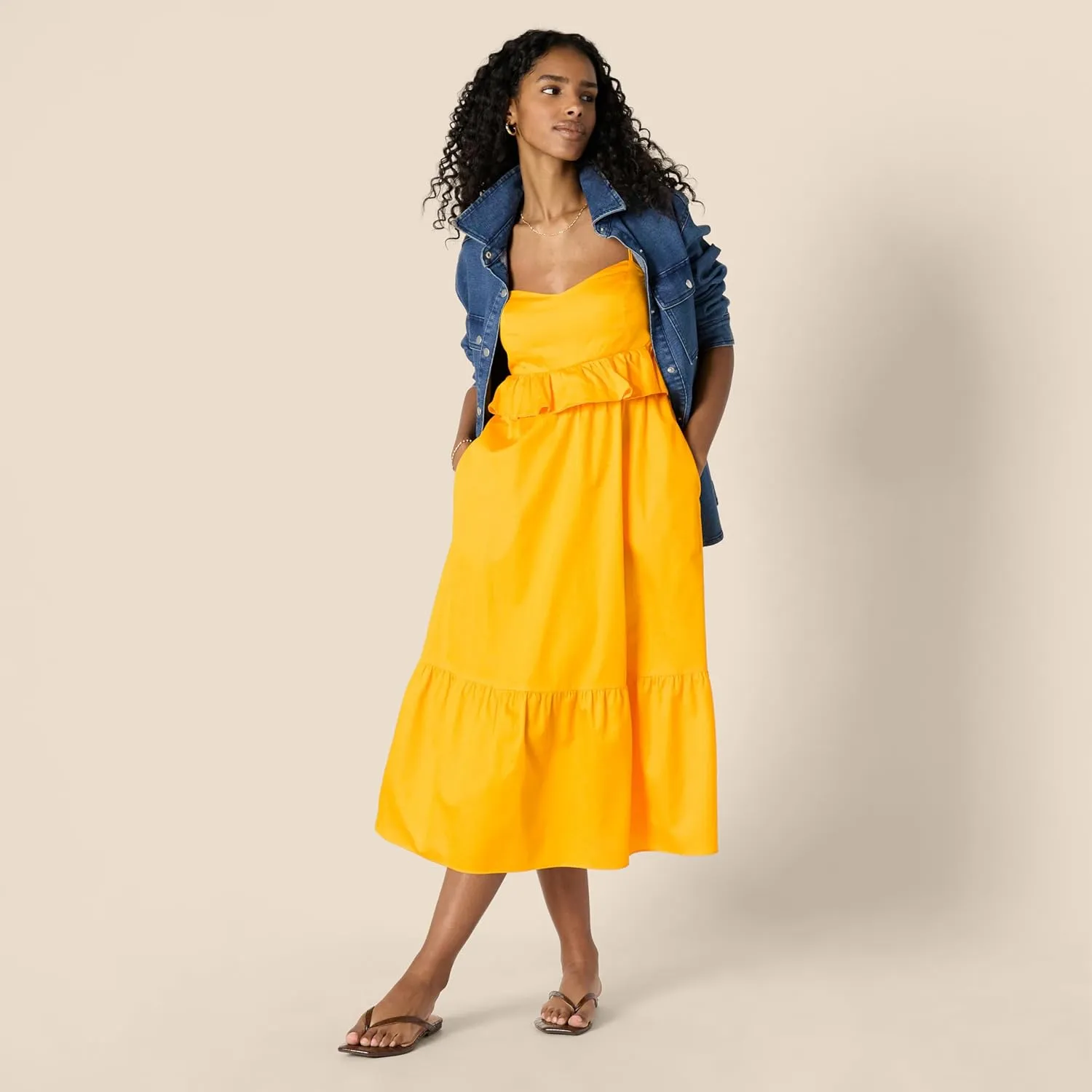 Amazon Essentials Women's Fit and Flare Cotton Sateen Empire Waist Midi Ruffle Dress