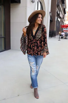 Avena Boho Floral Print Bell Sleeve Peplum Top