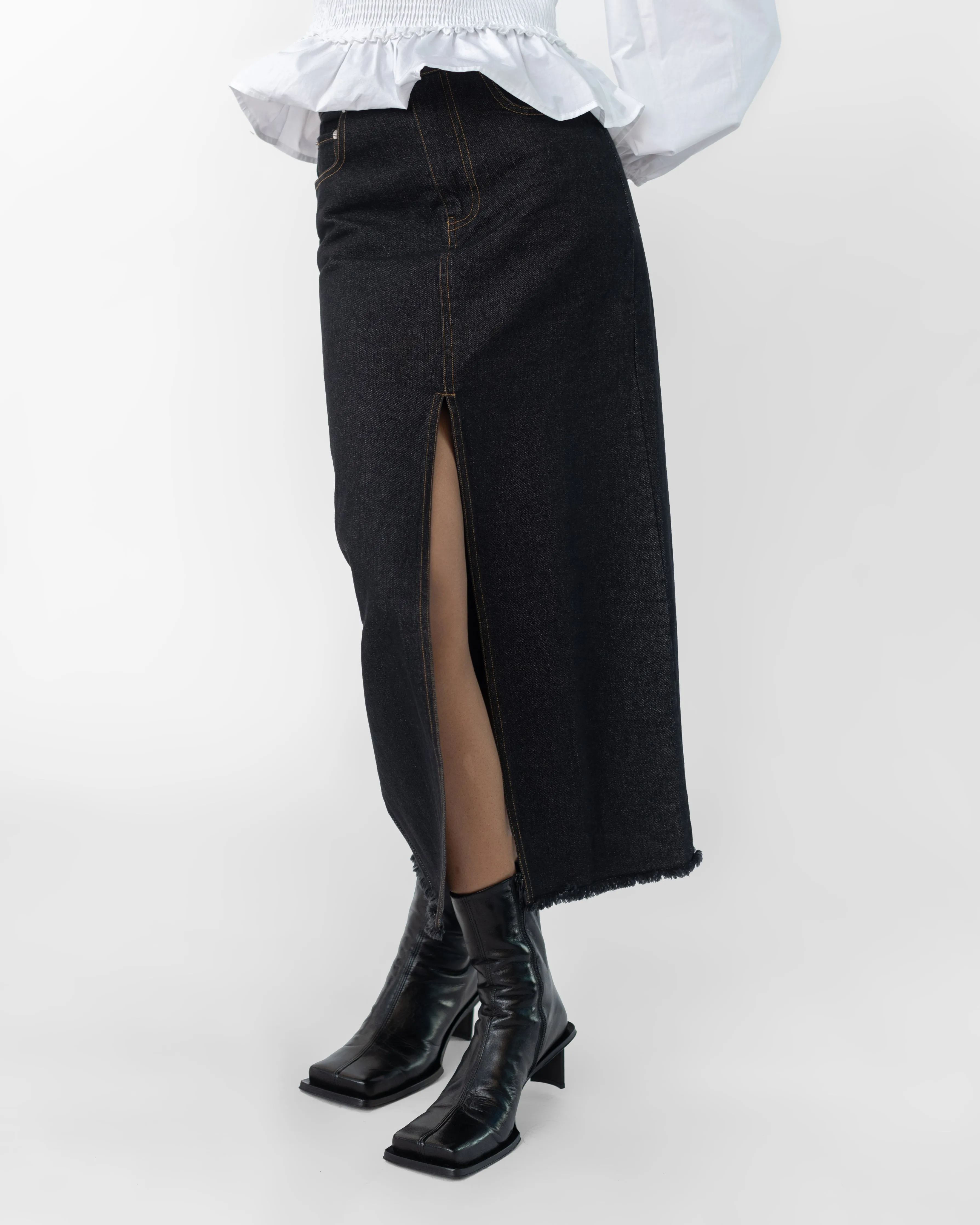 Black Raw Hem Denim Maxi Skirt