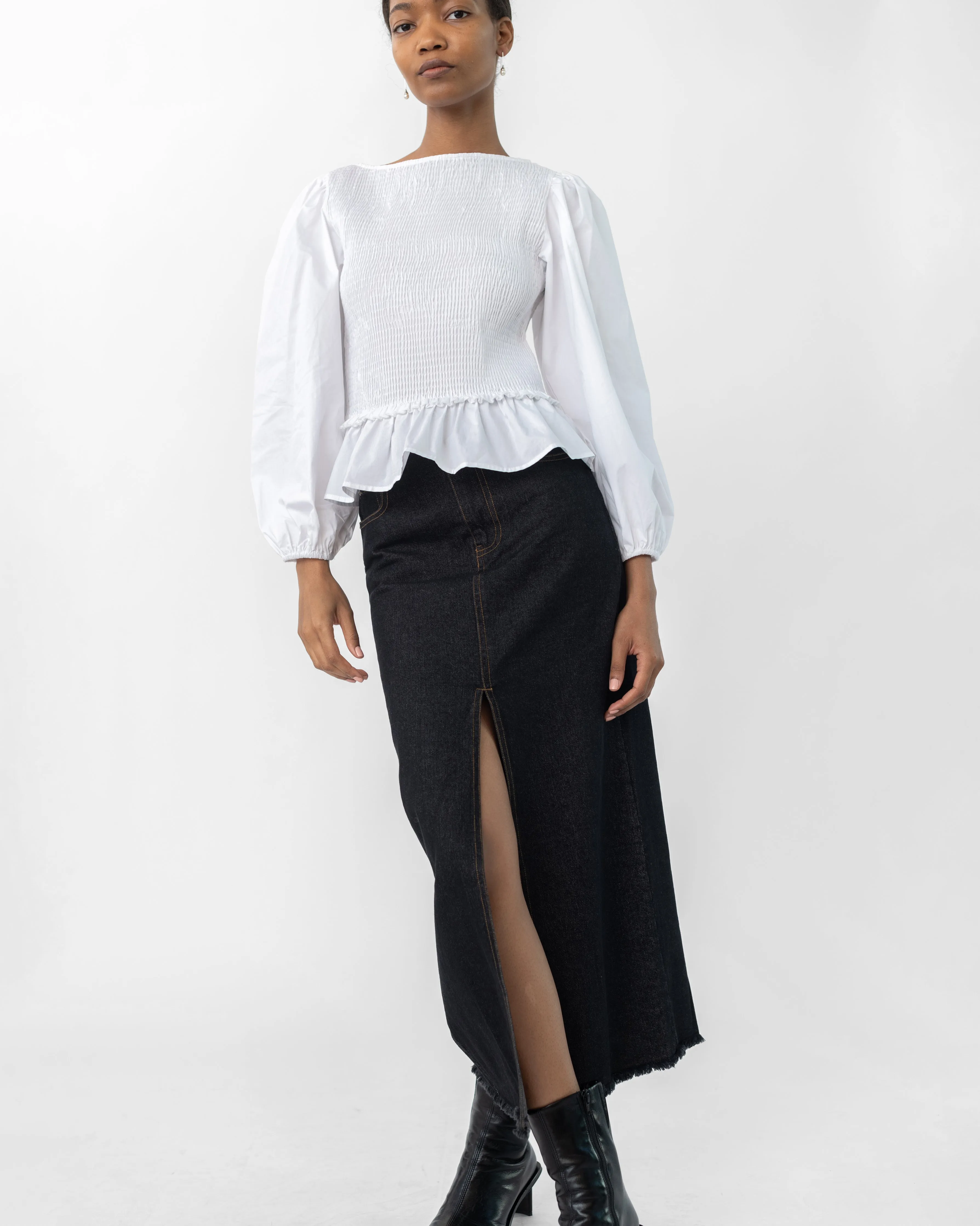 Black Raw Hem Denim Maxi Skirt