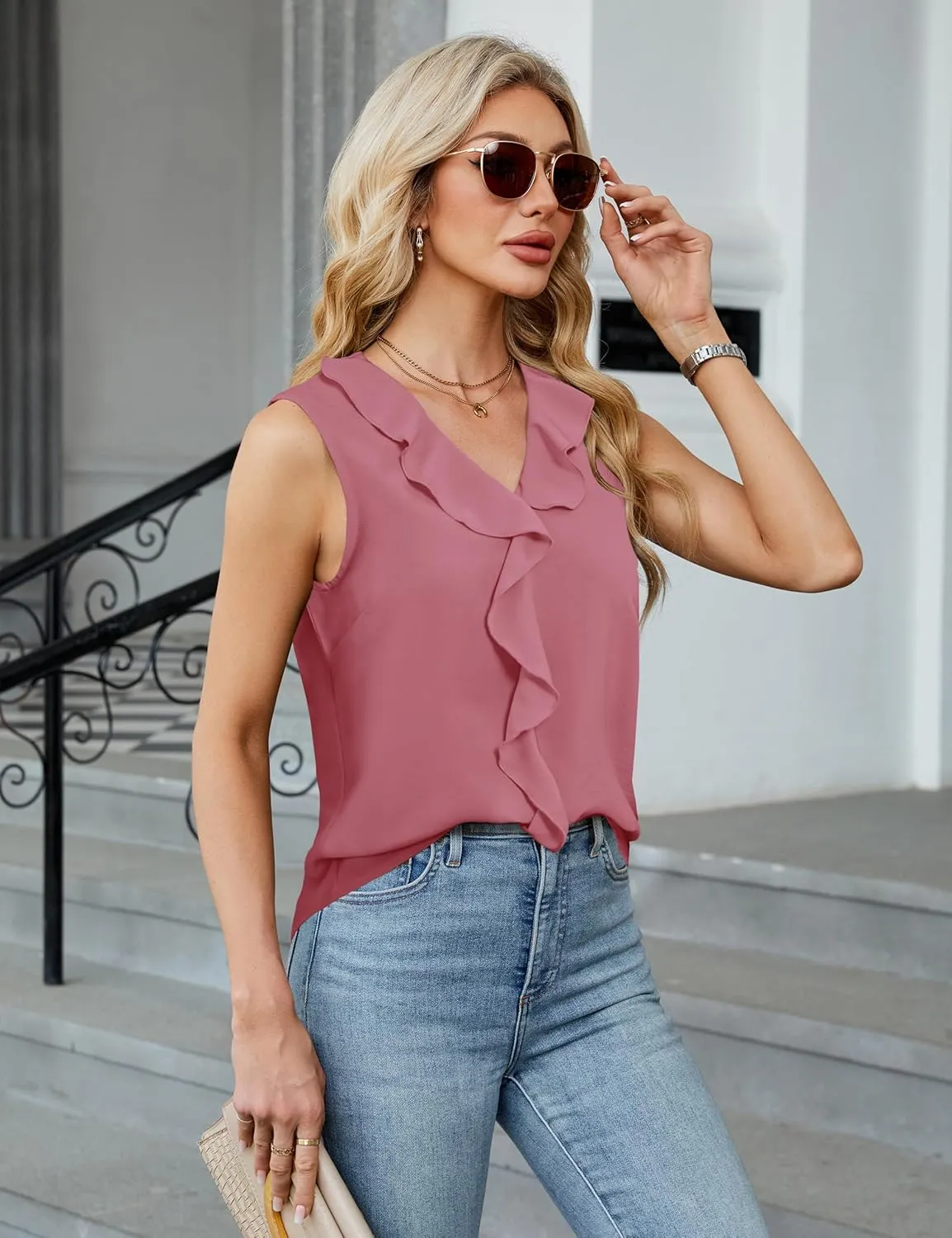 Blooming Jelly Womens Summer Tank Tops V Neck Ruffle Sleeveless Business Casual Outfit Ladies Trendy Work Dressy Blouse