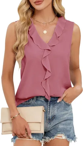 Blooming Jelly Womens Summer Tank Tops V Neck Ruffle Sleeveless Business Casual Outfit Ladies Trendy Work Dressy Blouse