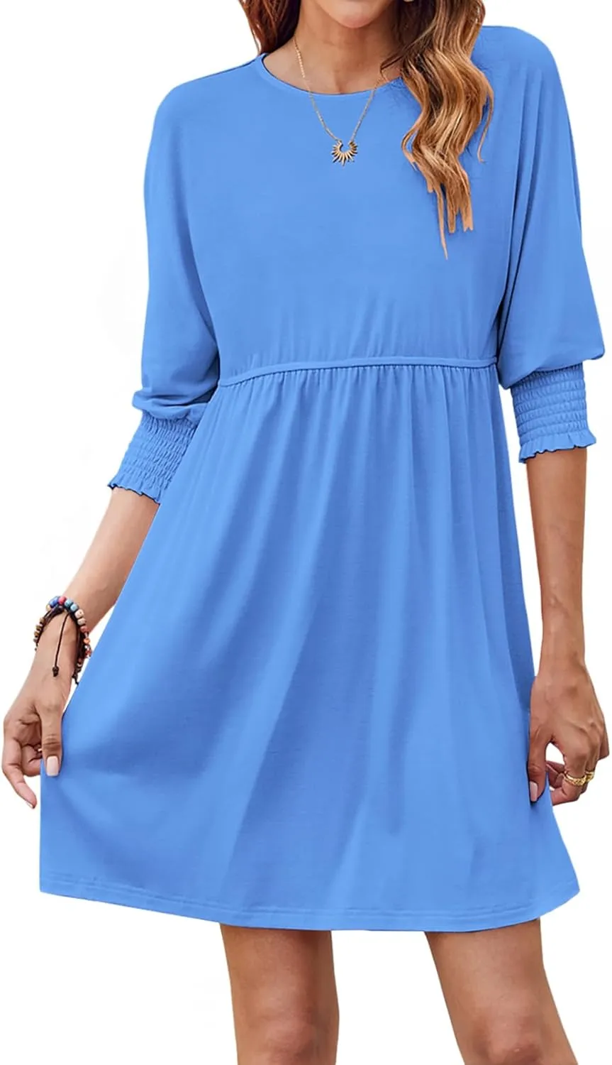 Bluetime Womens Summer Tunic Dress Crew Neck Casual 3/4 Sleeve Short Babydoll Loose Flowy Dresses