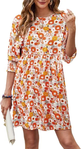 Bluetime Womens Summer Tunic Dress Crew Neck Casual 3/4 Sleeve Short Babydoll Loose Flowy Dresses