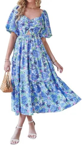 BTFBM Women Summer Dresses 2025 Casual Flowy Beach Square Neck Puff Short Sleeve Smocked Back Boho Floral Long Maxi Dress