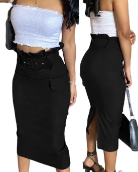 CHICME Women High Waisted Cargo Midi Skirt Belted Summer Slit Casual Skirts Pencil Skirt for Women