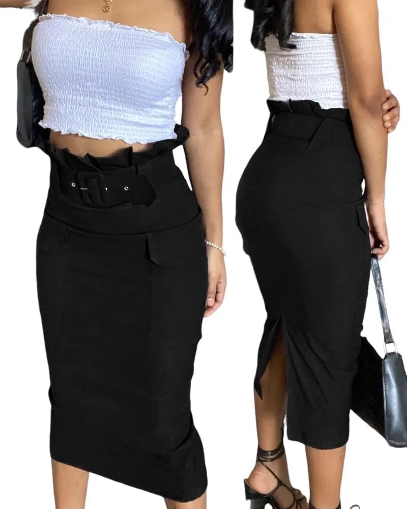 CHICME Women High Waisted Cargo Midi Skirt Belted Summer Slit Casual Skirts Pencil Skirt for Women