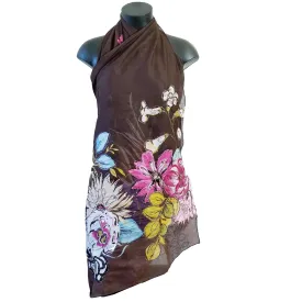 Chocolate Brown Floral Embroidered Cotton Sarong