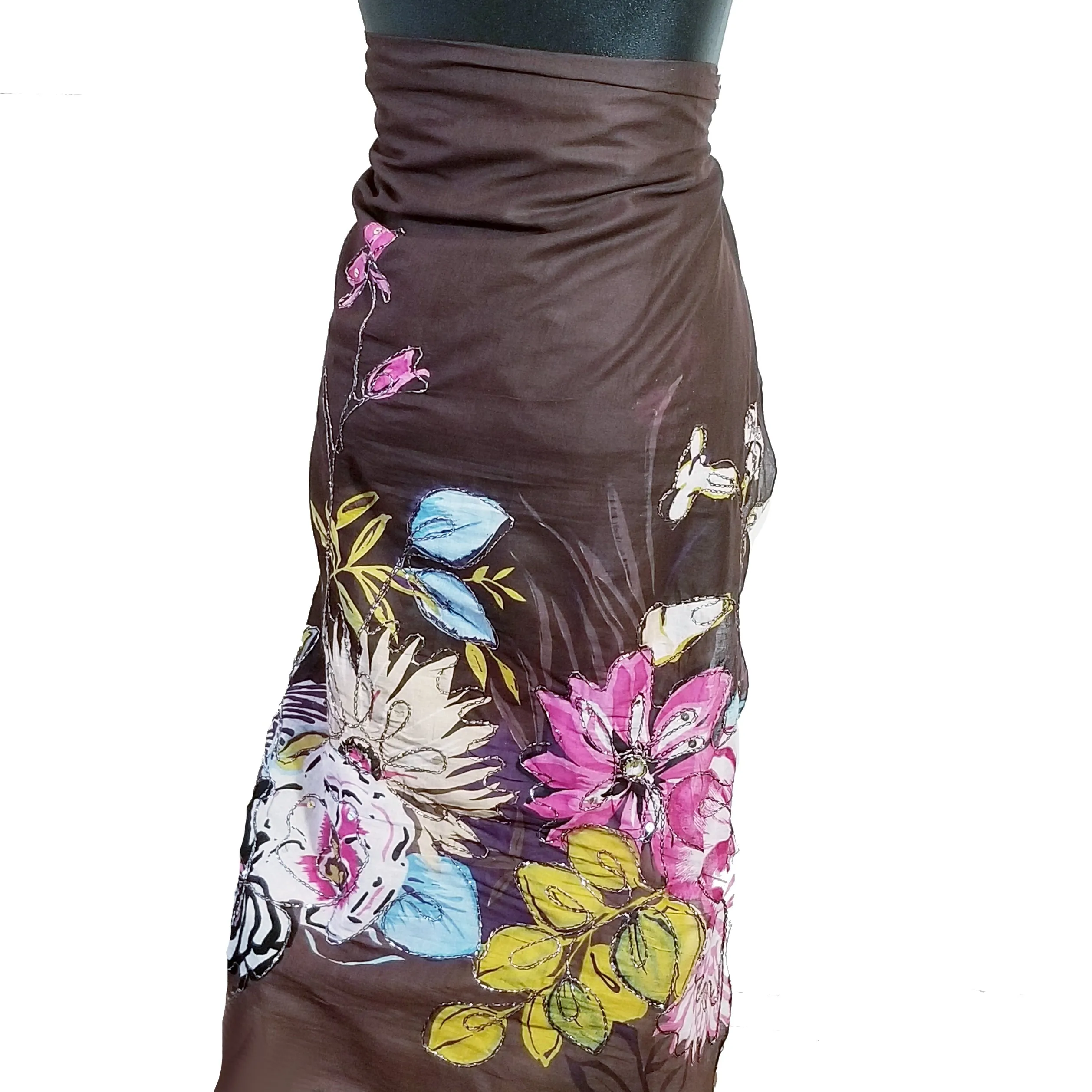 Chocolate Brown Floral Embroidered Cotton Sarong