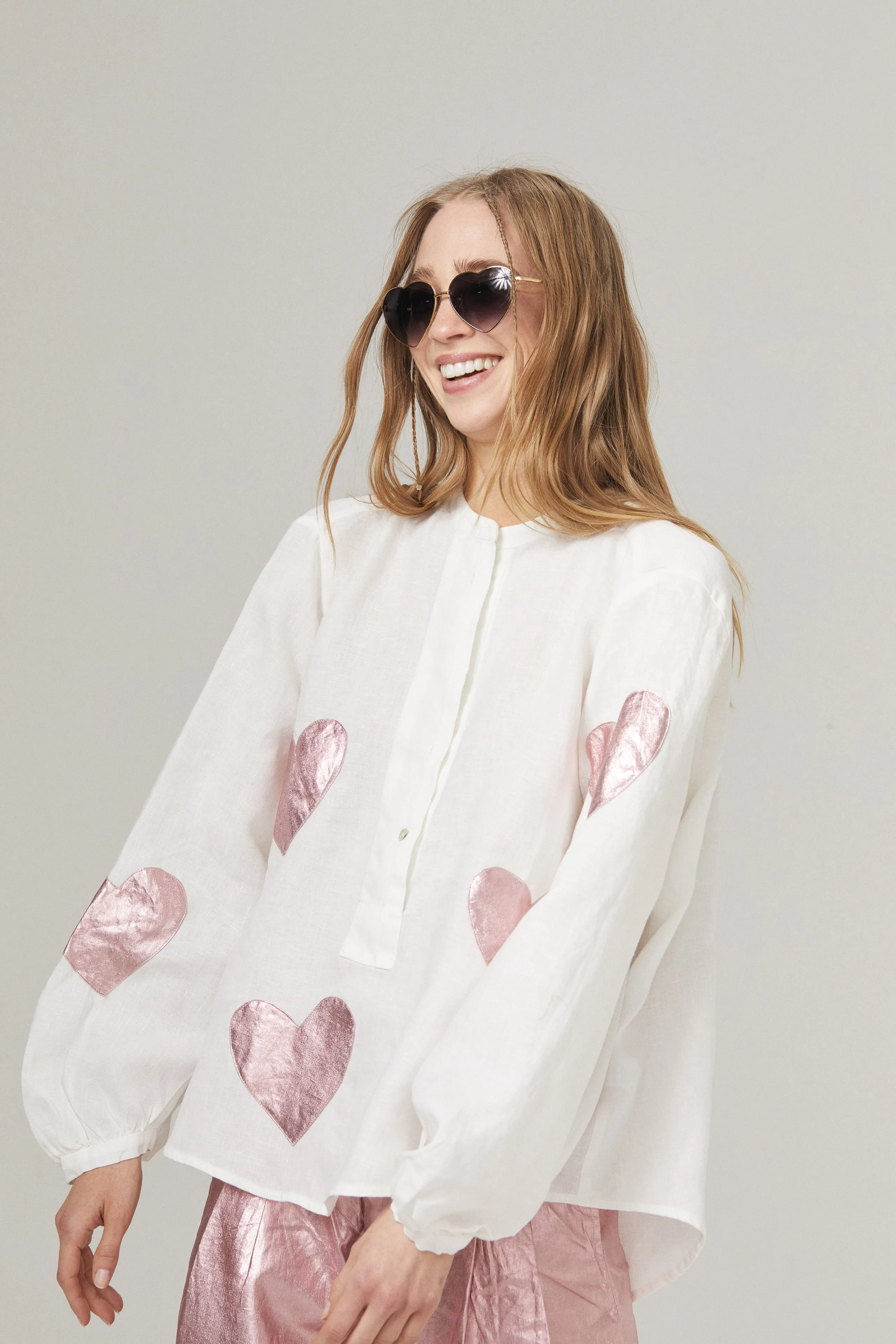 Cupid Linen Shirt - Off-white with Metallic Pink Hearts