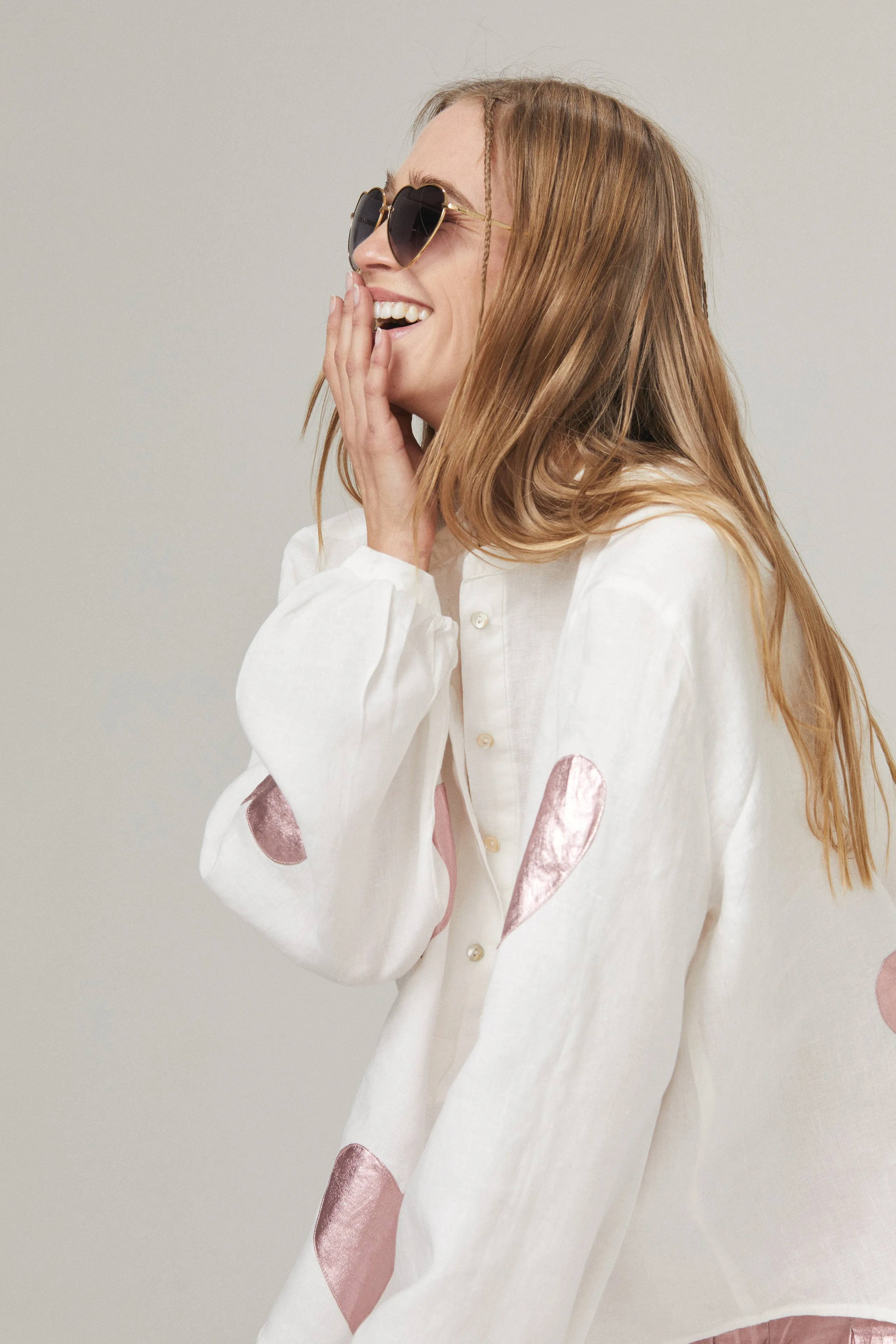 Cupid Linen Shirt - Off-white with Metallic Pink Hearts