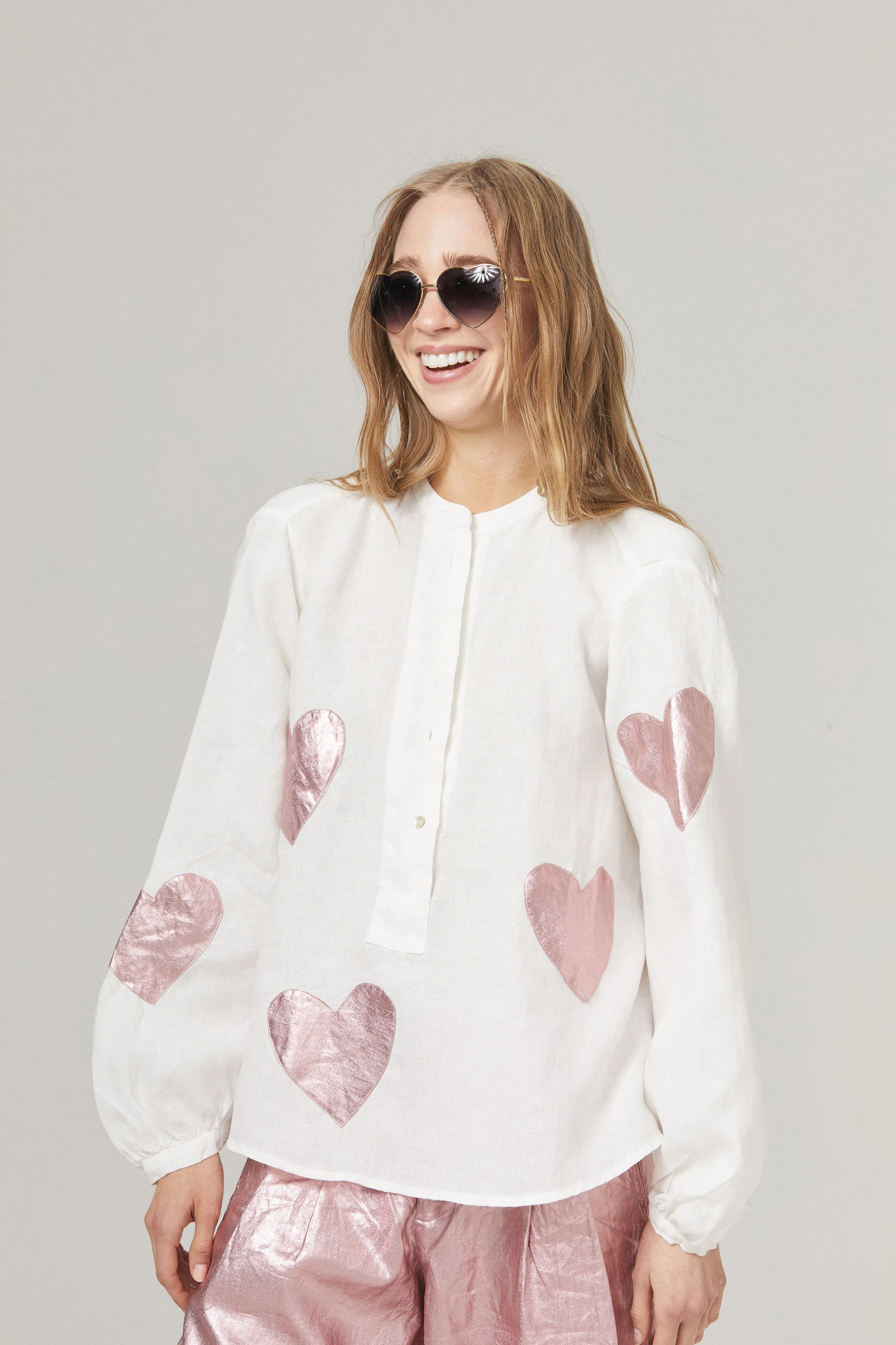 Cupid Linen Shirt - Off-white with Metallic Pink Hearts