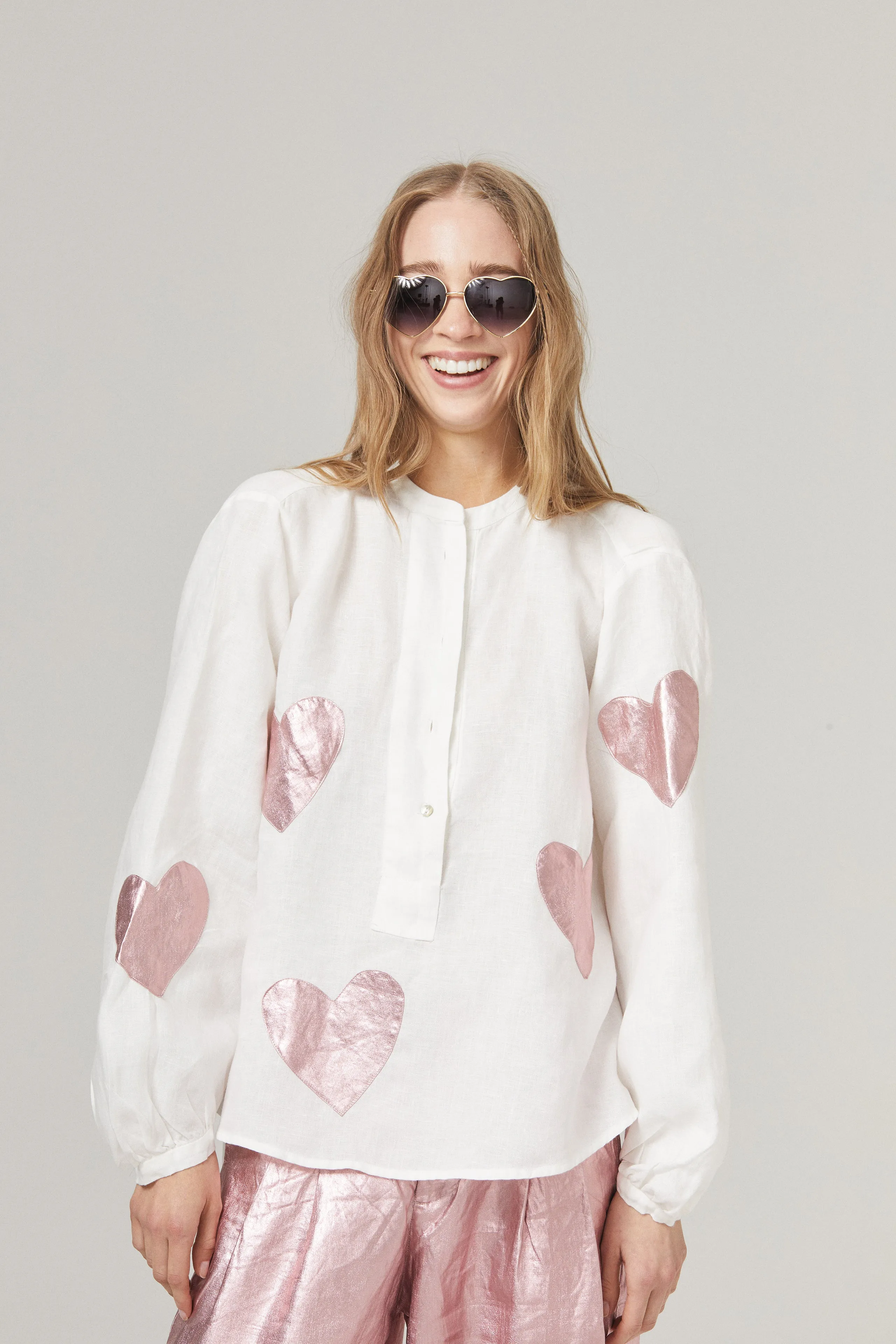 Cupid Linen Shirt - Off-white with Metallic Pink Hearts