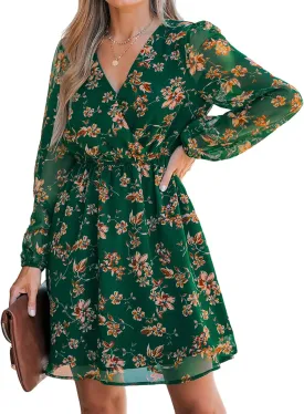 CUPSHE Women's Mini Dresses Casual Spring V Neck Chiffon Long Peasant Sleeves Flowy Summer Dress