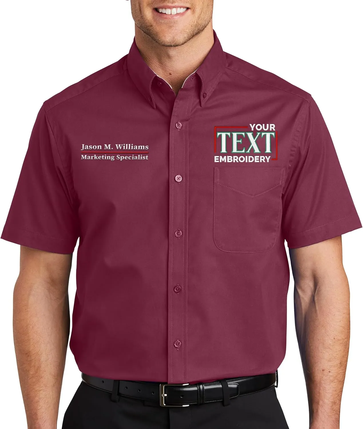 Custom Short Sleeve Embroidered Button Up Shirts for Men Add Your Text Personalized Embroidery Easy Care Shirts