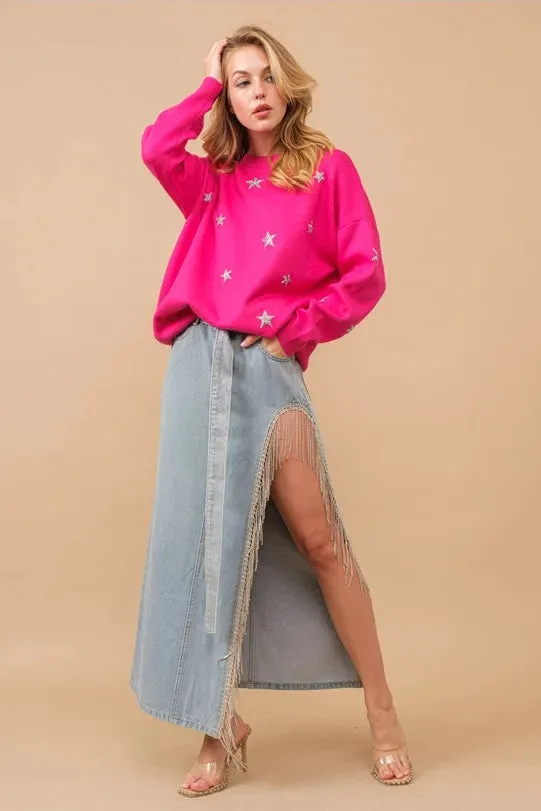 Cut Out Belted Rhinestone Fringe Maxi Denim Skirt