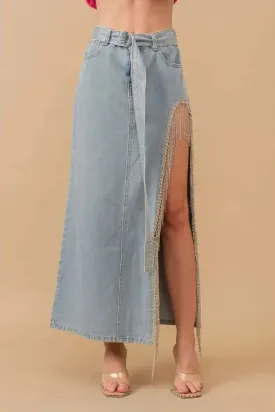 Cut Out Belted Rhinestone Fringe Maxi Denim Skirt