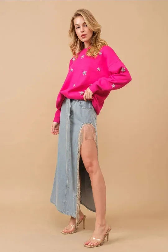 Cut Out Belted Rhinestone Fringe Maxi Denim Skirt