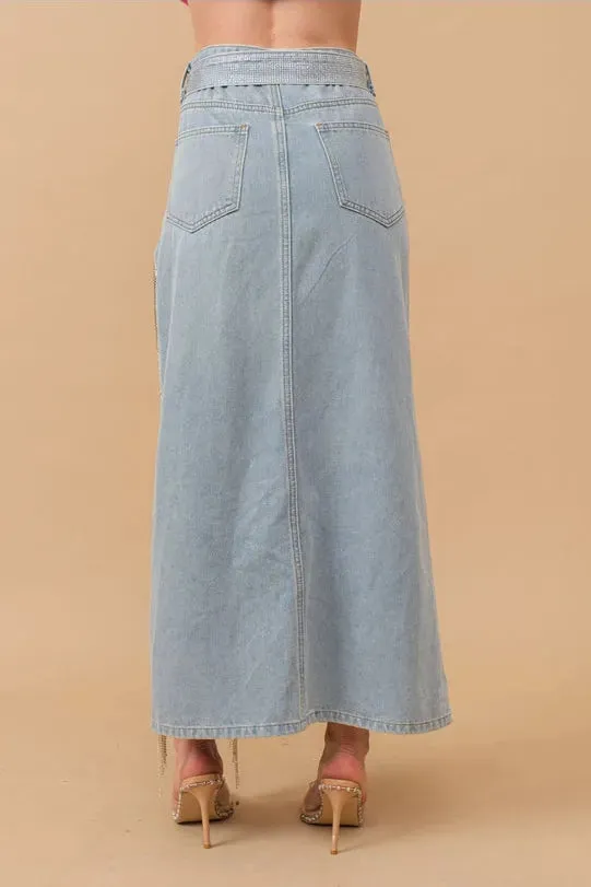 Cut Out Belted Rhinestone Fringe Maxi Denim Skirt