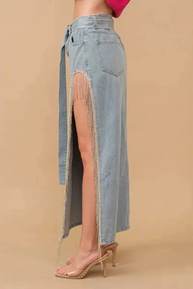 Cut Out Belted Rhinestone Fringe Maxi Denim Skirt