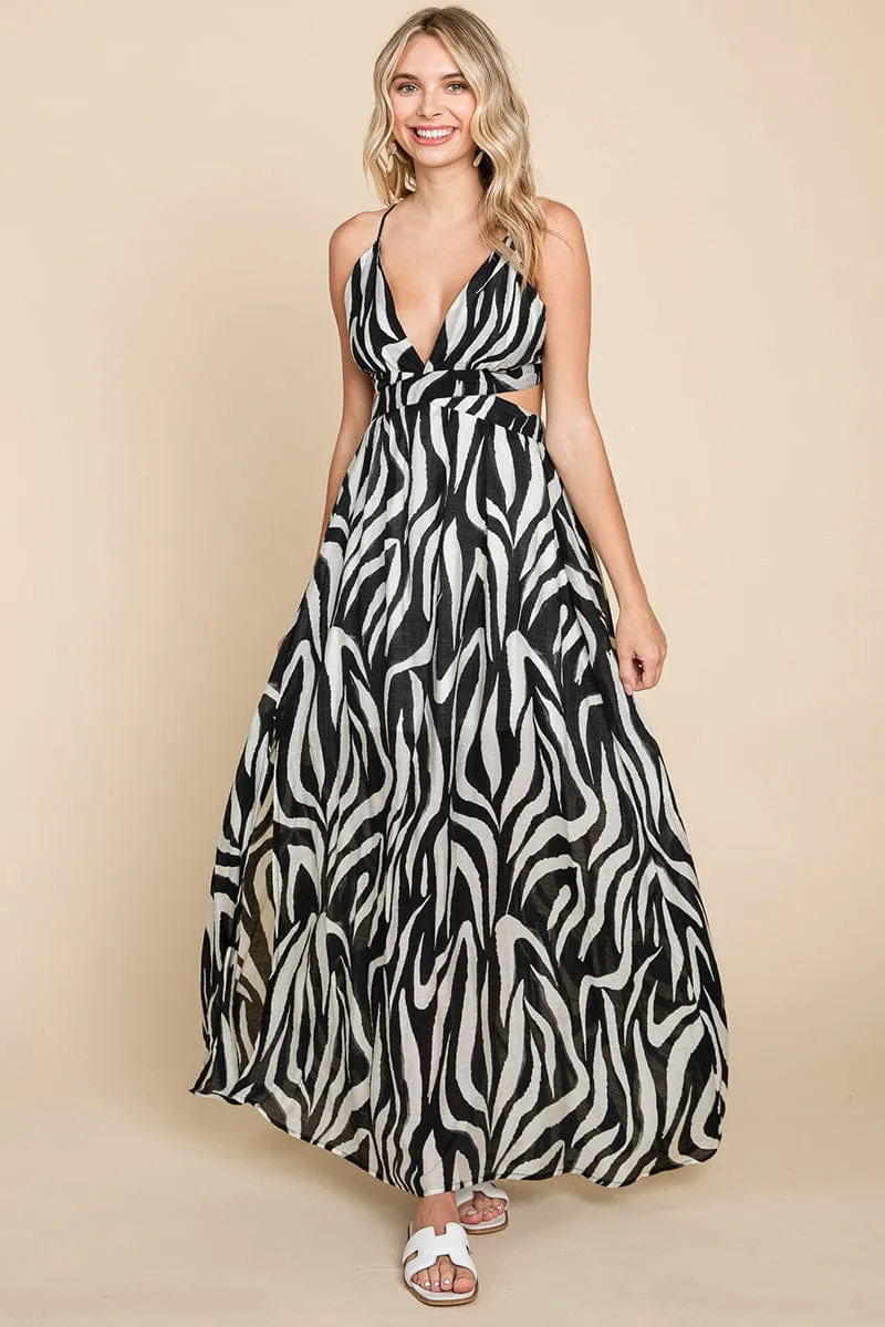 Deep V Neck Open Back Zebra Print Boho Maxi Dress