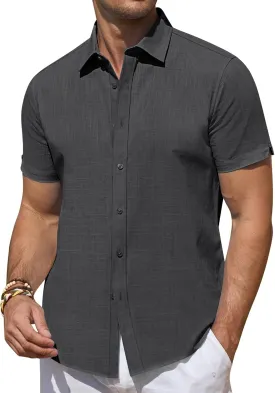 DEMEANOR Linen Shirts for Men Short Sleeve Button Down Shirts Summer Beach Casual Linen Button Up Shirt Vacation Wedding