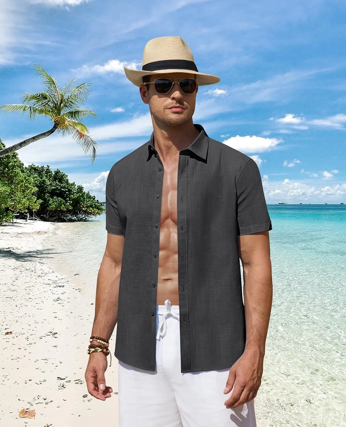 DEMEANOR Linen Shirts for Men Short Sleeve Button Down Shirts Summer Beach Casual Linen Button Up Shirt Vacation Wedding