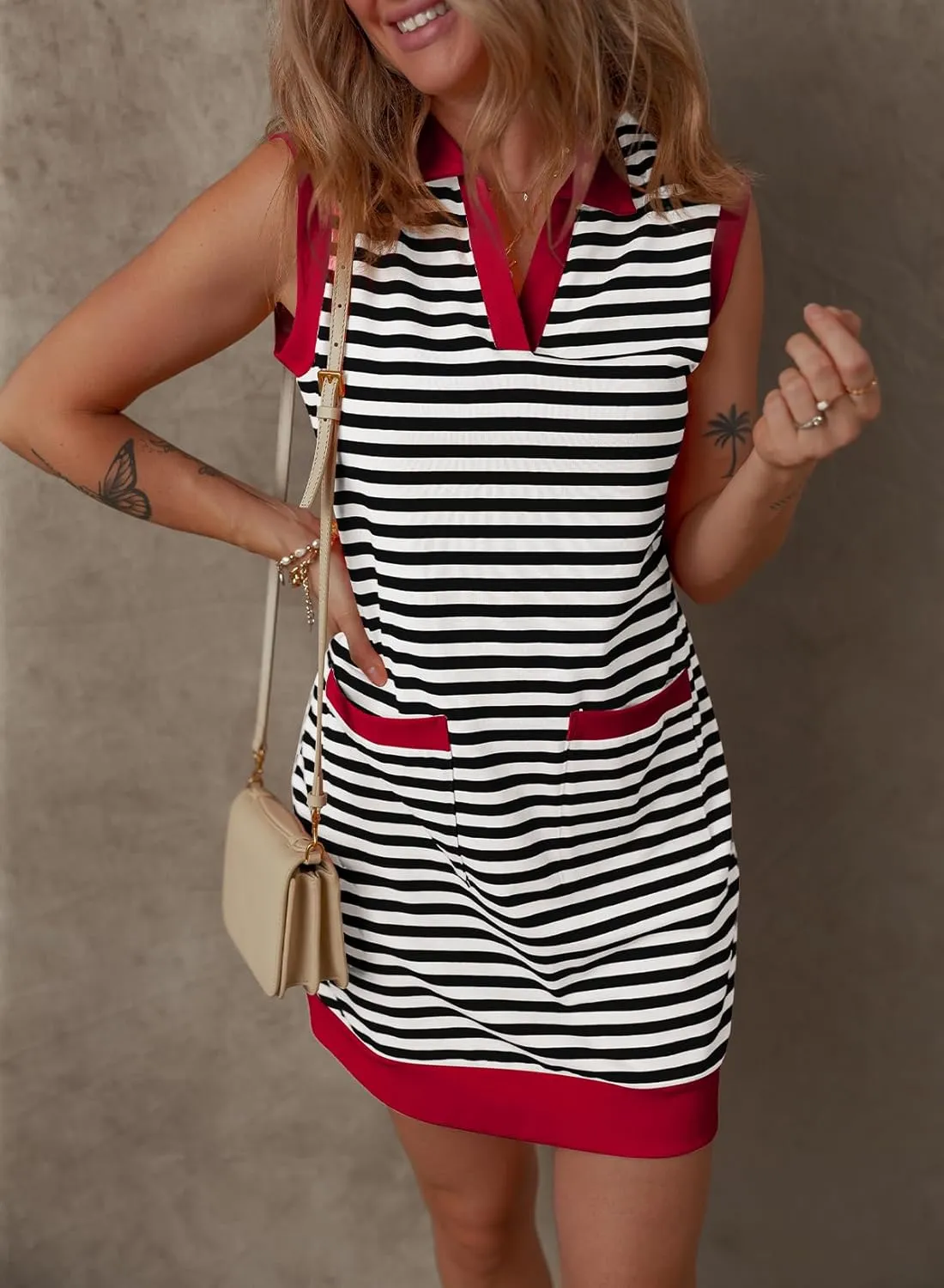 Dokotoo Womens Summer Dresses 2025 V-Neck Sleeveless Striped Casual Mini Dress Sundress with Pockets