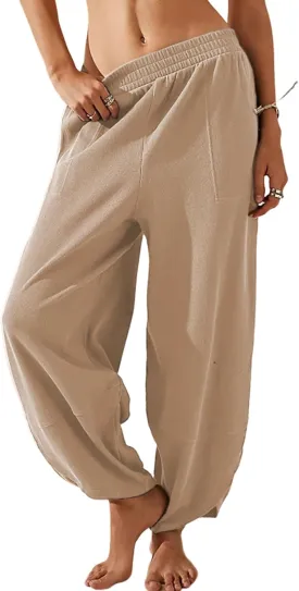 Faleave Women's Baggy Wide Leg Pants Elastic Waisted Casual Comfy Palazzo Harem Pants with Pockets