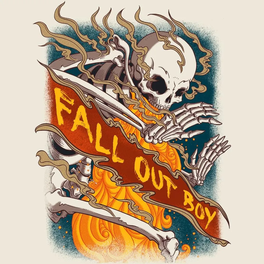 Fall Out Boy Rock Band Fire Skelton Adult Short Sleeve T-Shirts 90s Music Tshirts Cool Graphic Tees