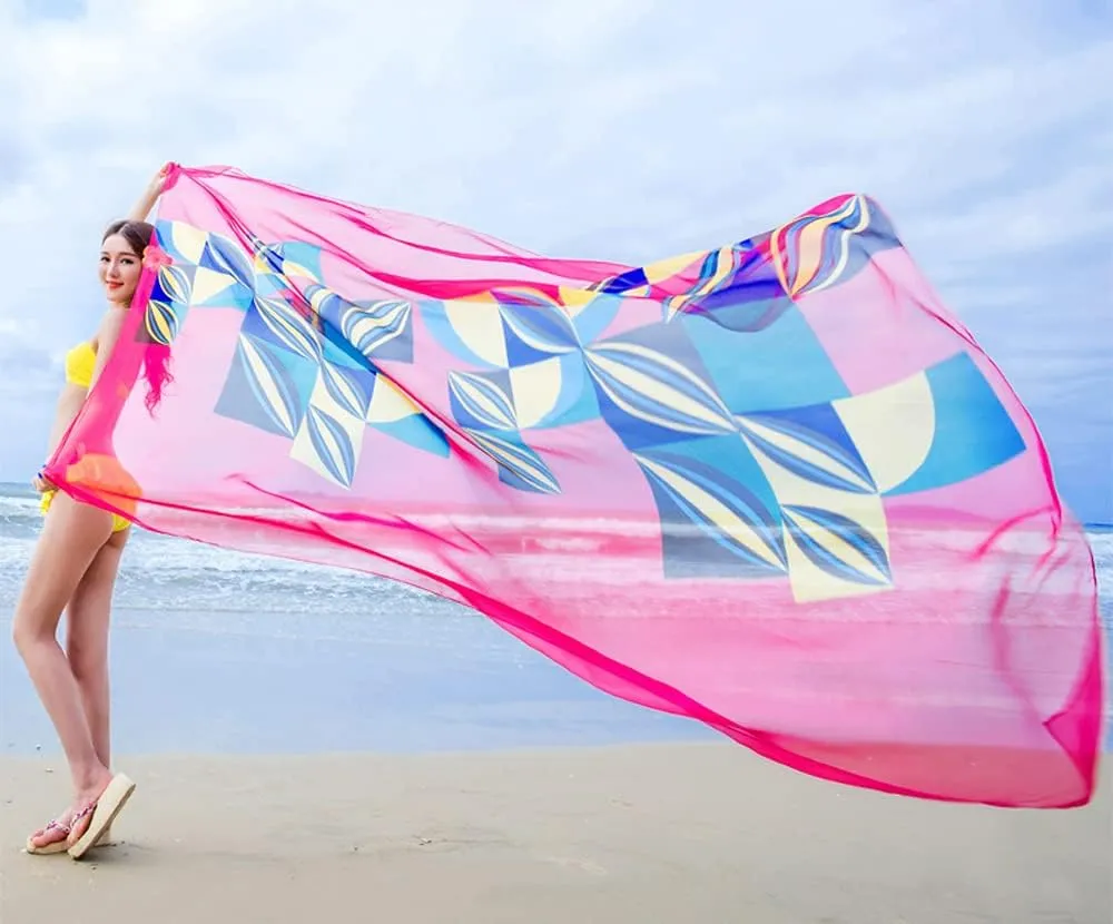 GERINLY Chiffon Thin Sarong Wrap: Geometrical Design Plus Size Beach Cover Up for Swimsuit Vacation Outfit Lightweight