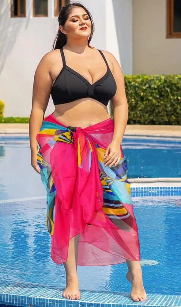 GERINLY Chiffon Thin Sarong Wrap: Geometrical Design Plus Size Beach Cover Up for Swimsuit Vacation Outfit Lightweight