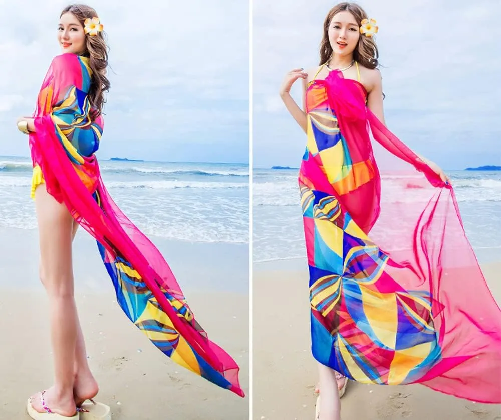 GERINLY Chiffon Thin Sarong Wrap: Geometrical Design Plus Size Beach Cover Up for Swimsuit Vacation Outfit Lightweight