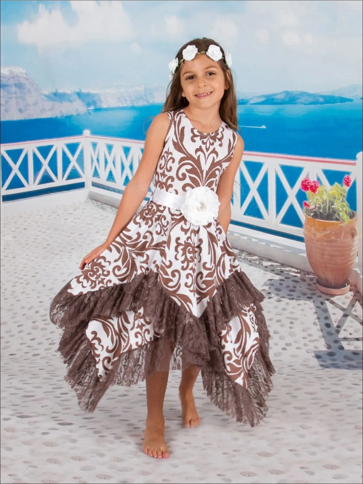 Girls Sleeveless Handkerchief Double Layer Ruffled Hem Dress with Flower Sash